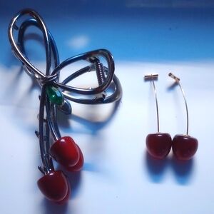 Cherry hair clip and dangle cherry earrings